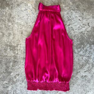 Vintage Forever 21 Fuchsia Pink Satin Halter Top Smocked Hem Bow Back Small